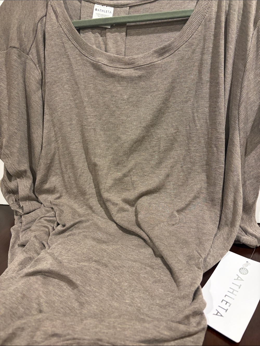 Athleta Taupe Ribbed Scoop Neck Long Sleeve Top